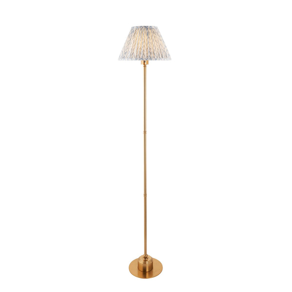 Burley Rechargeable Floor Lamp in Brushed Aged Brass with Leaf 30cm Shell Bay Blue Shade