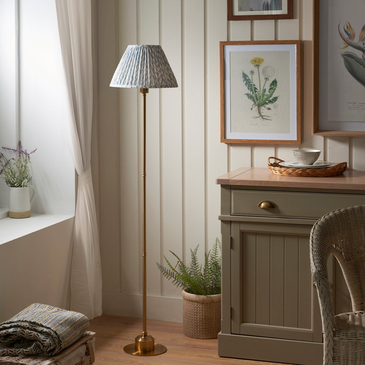 Burley Rechargeable Floor Lamp in Brushed Aged Brass with Leaf 30cm Shell Bay Blue Shade