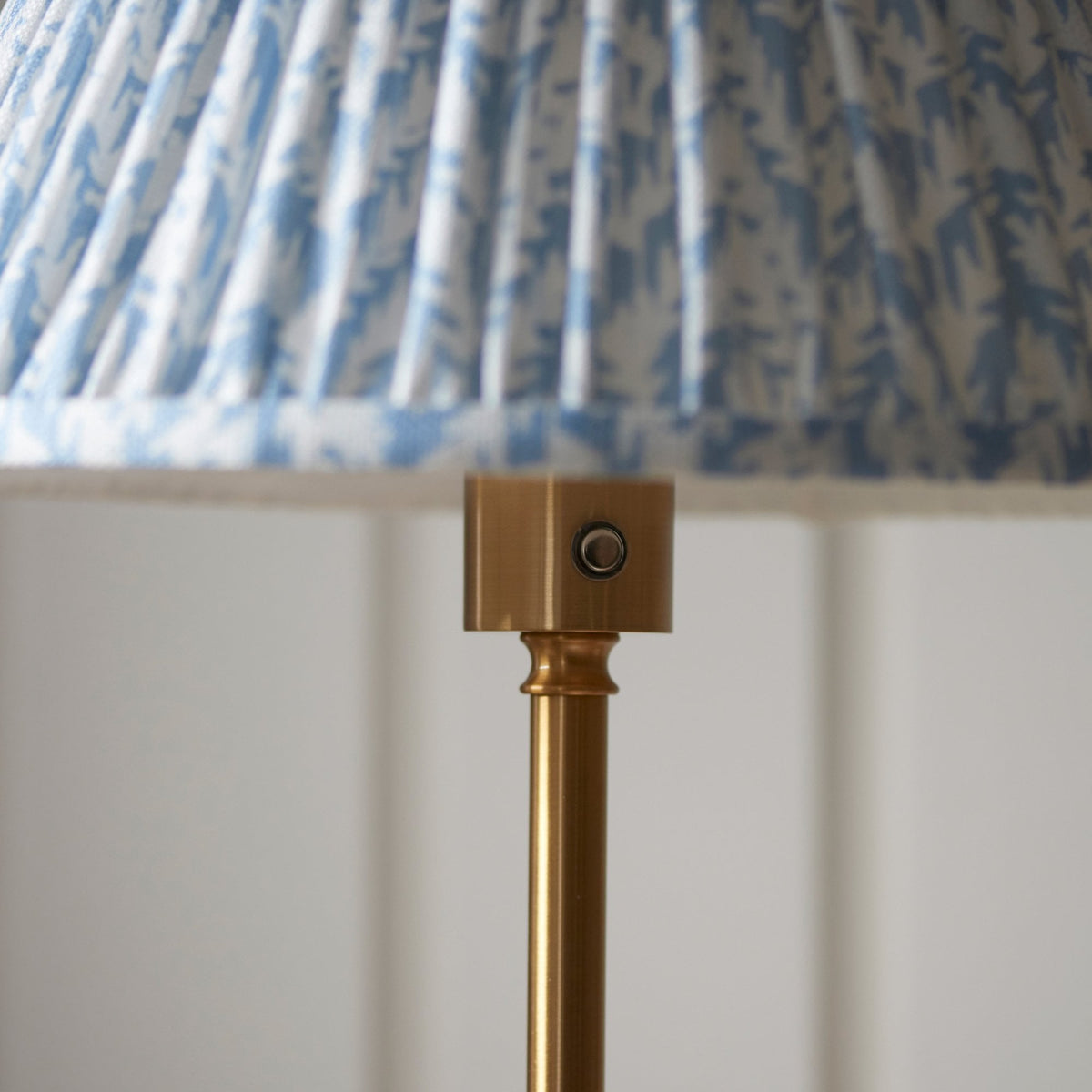Burley Rechargeable Floor Lamp in Brushed Aged Brass with Leaf 30cm Shell Bay Blue Shade