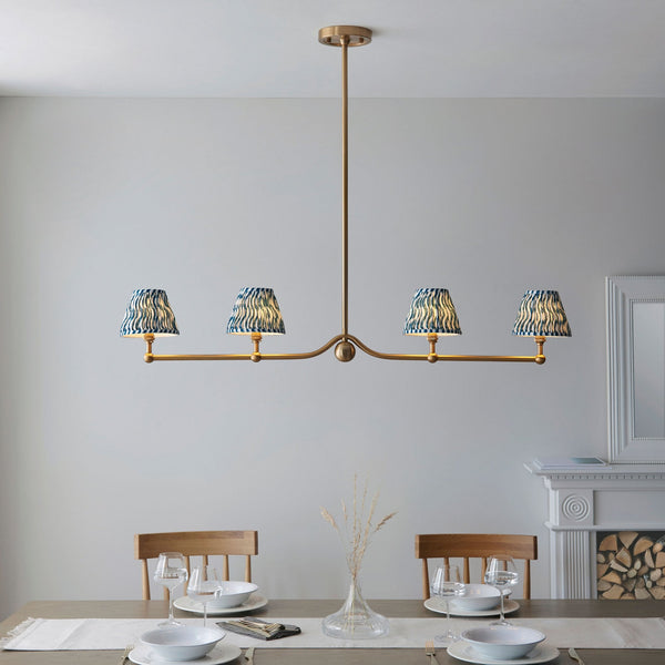 Santiago Four Lamp Linear Pendant in Brushed Aged Brass with Ripple 16cm Marlin Blue Shade