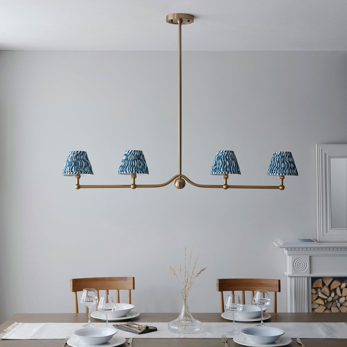 Santiago Four Lamp Linear Pendant in Brushed Aged Brass with Ripple 16cm Marlin Blue Shade