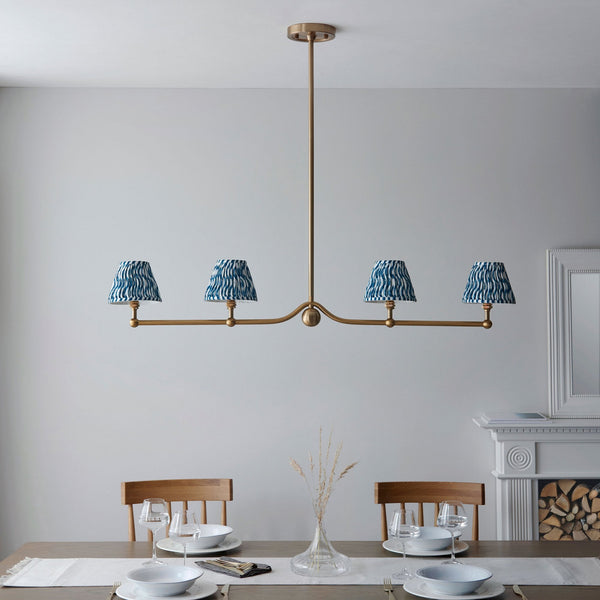 Santiago Four Lamp Linear Pendant in Brushed Aged Brass with Ripple 16cm Marlin Blue Shade