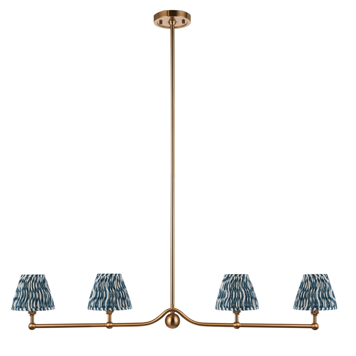 Santiago Four Lamp Linear Pendant in Brushed Aged Brass with Ripple 16cm Marlin Blue Shade