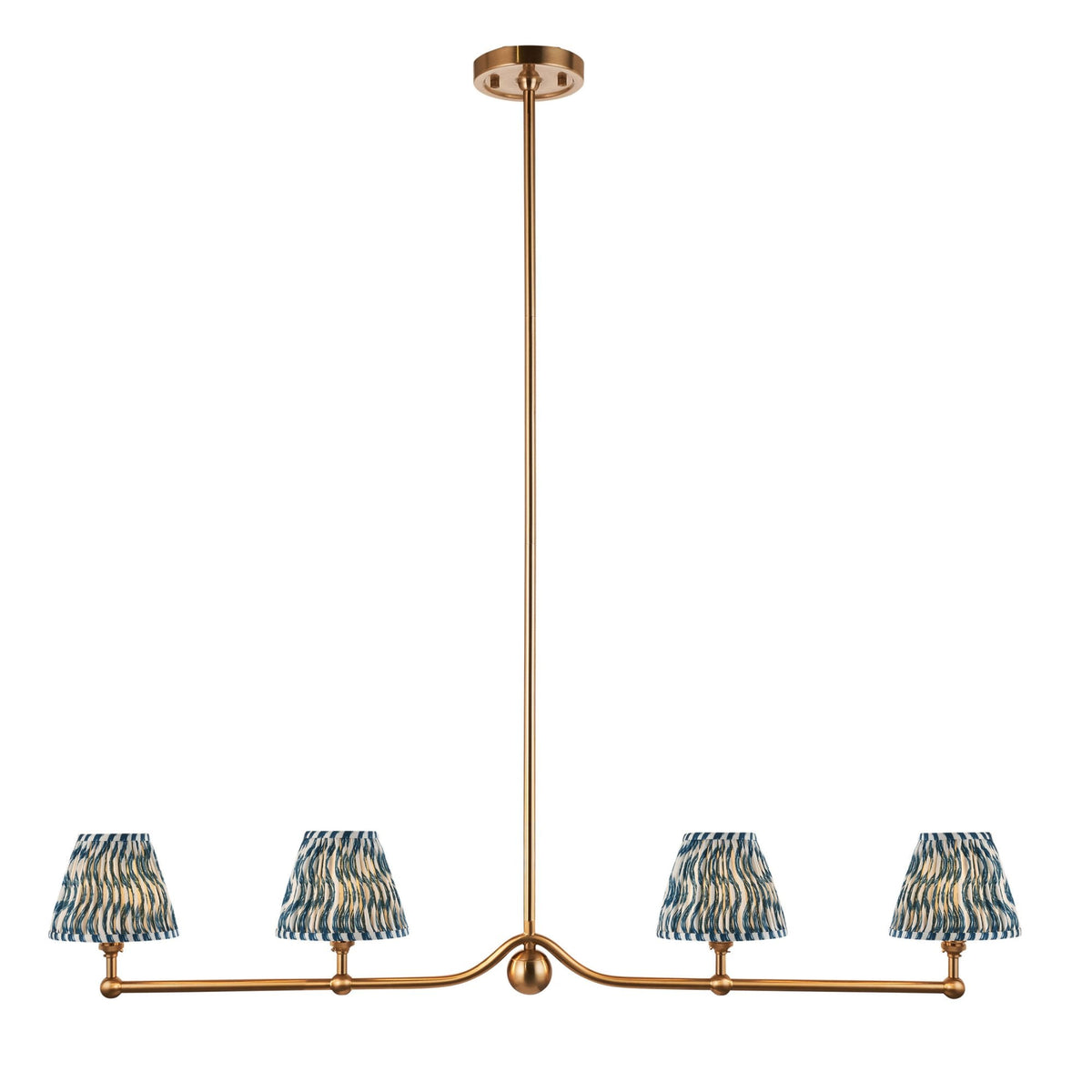 Santiago Four Lamp Linear Pendant in Brushed Aged Brass with Ripple 16cm Marlin Blue Shade