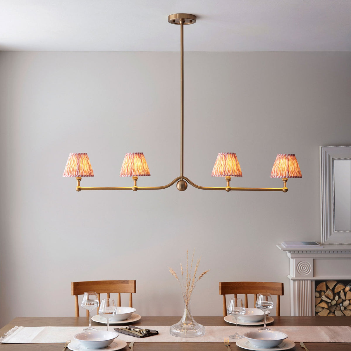 Santiago Four Lamp Linear Pendant in Brushed Aged Brass with Ripple 16cm Coral Pink Shade