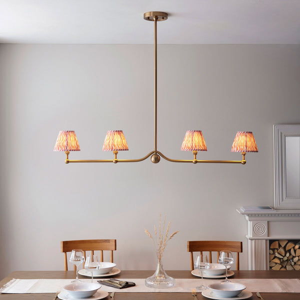 Santiago Four Lamp Linear Pendant in Brushed Aged Brass with Ripple 16cm Coral Pink Shade
