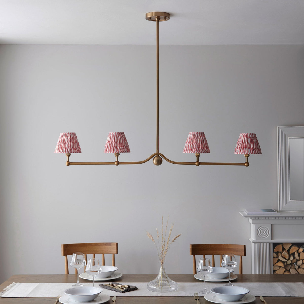 Santiago Four Lamp Linear Pendant in Brushed Aged Brass with Ripple 16cm Coral Pink Shade