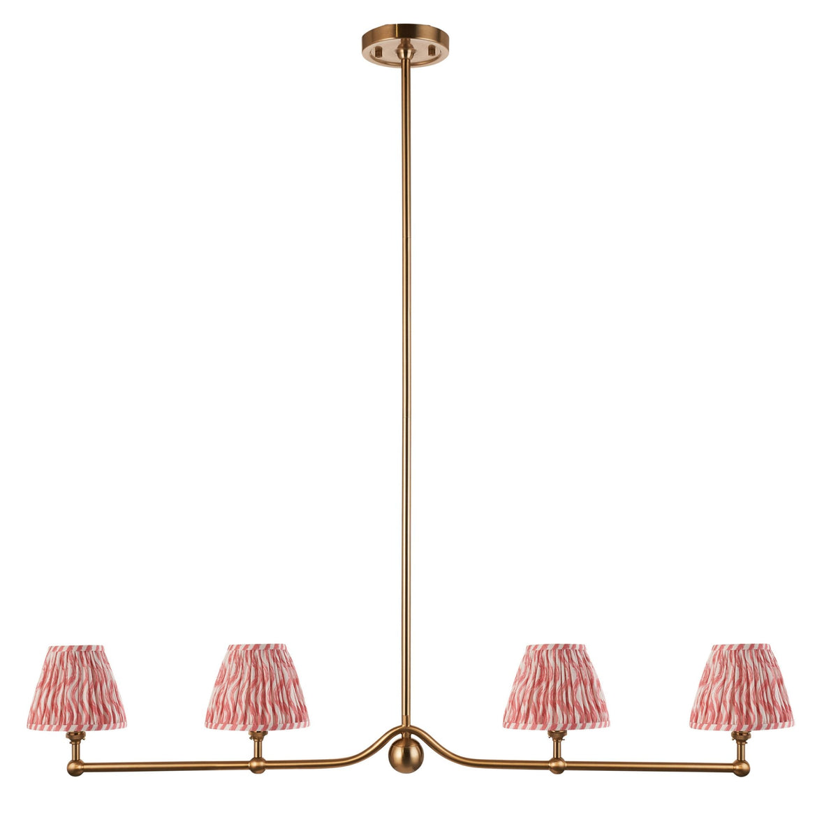 Santiago Four Lamp Linear Pendant in Brushed Aged Brass with Ripple 16cm Coral Pink Shade