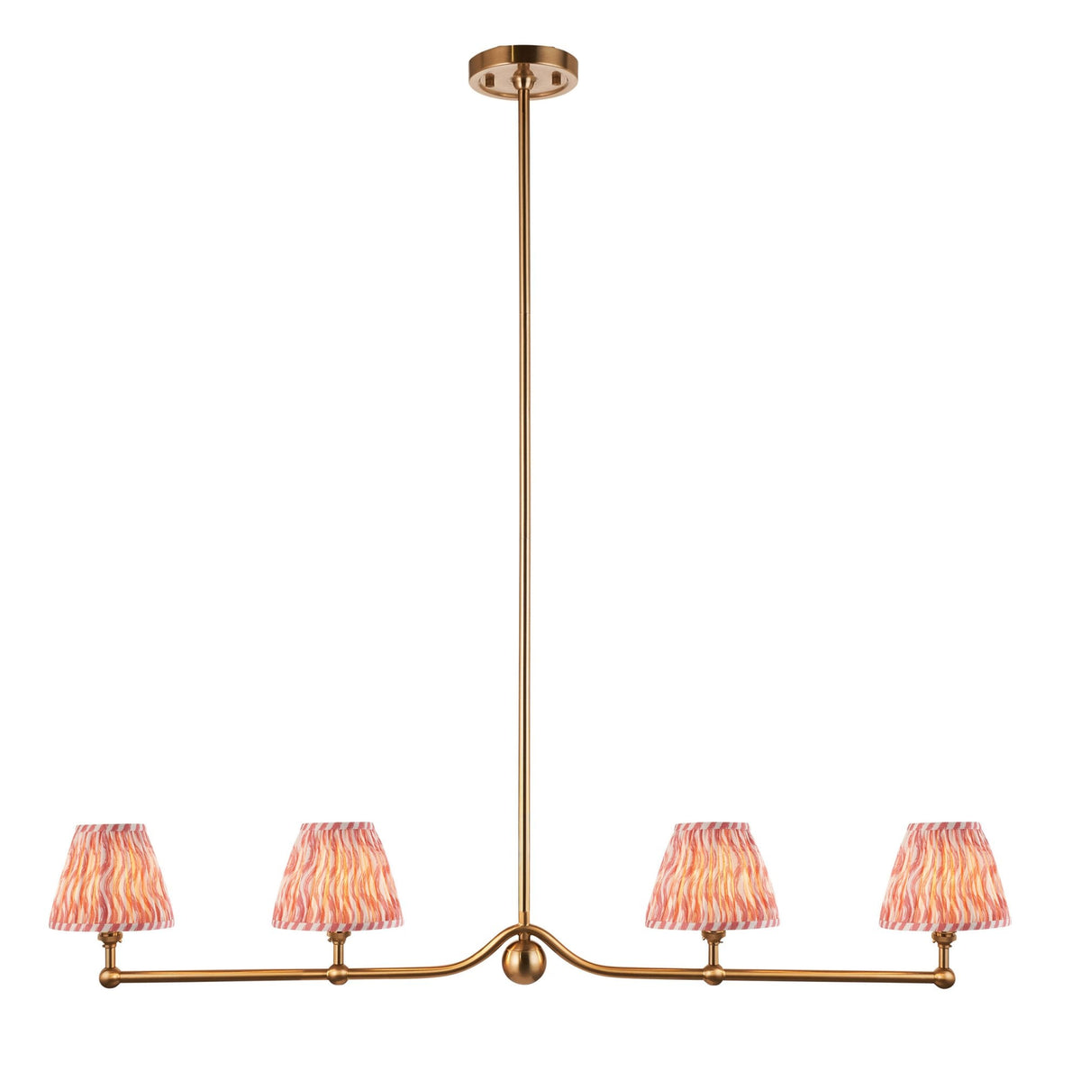 Santiago Four Lamp Linear Pendant in Brushed Aged Brass with Ripple 16cm Coral Pink Shade