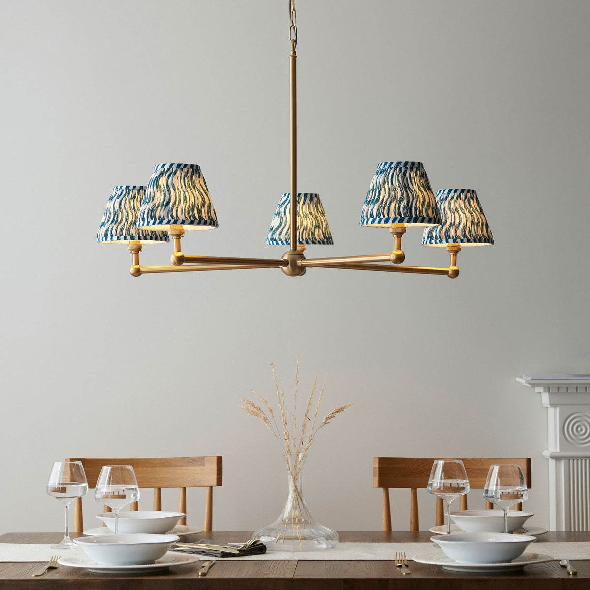 Santiago Five Arm Pendant in Brushed Aged Brass with Ripple 16cm Marlin Blue Shade