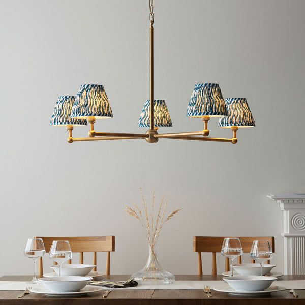 Santiago Five Arm Pendant in Brushed Aged Brass with Ripple 16cm Marlin Blue Shade