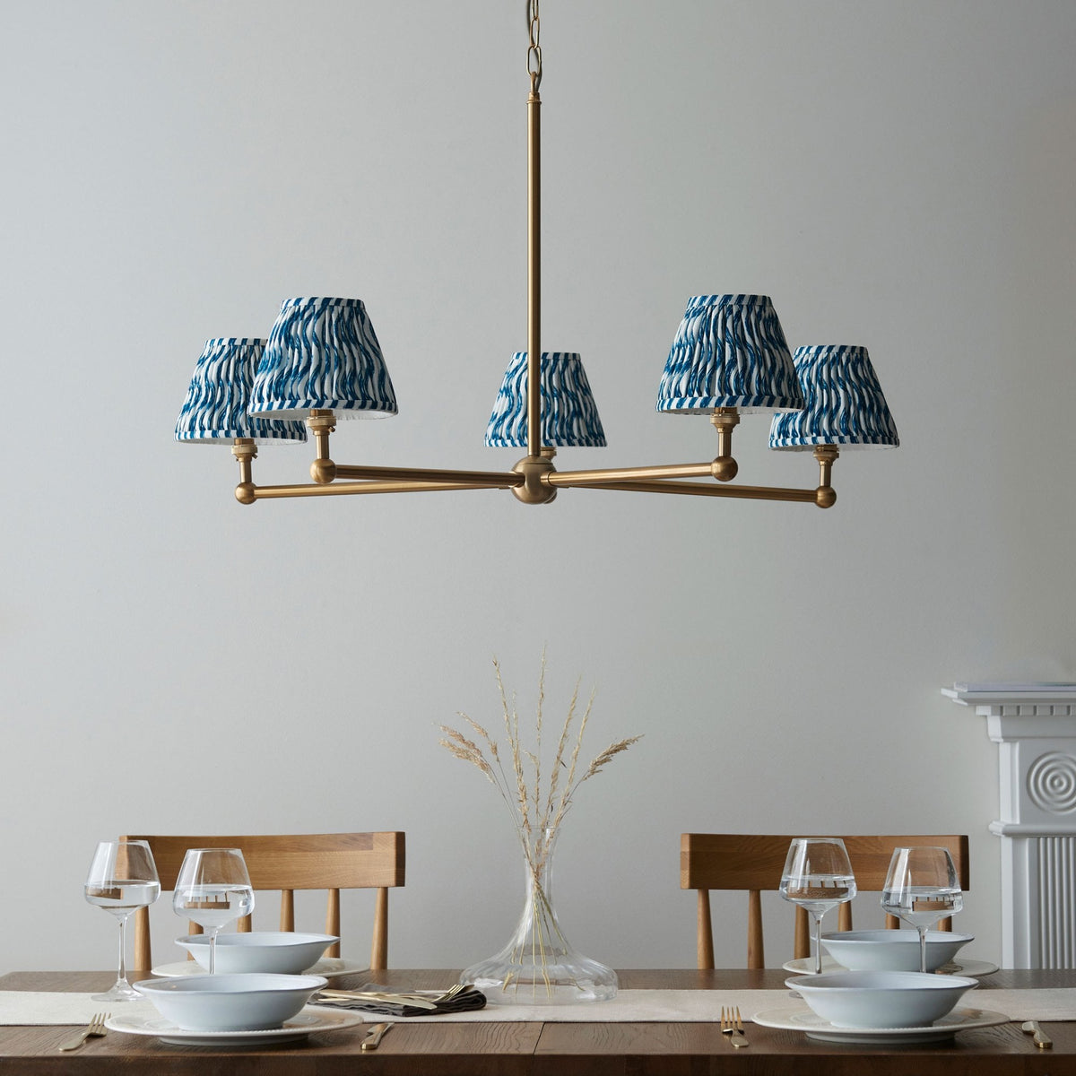 Santiago Five Arm Pendant in Brushed Aged Brass with Ripple 16cm Marlin Blue Shade