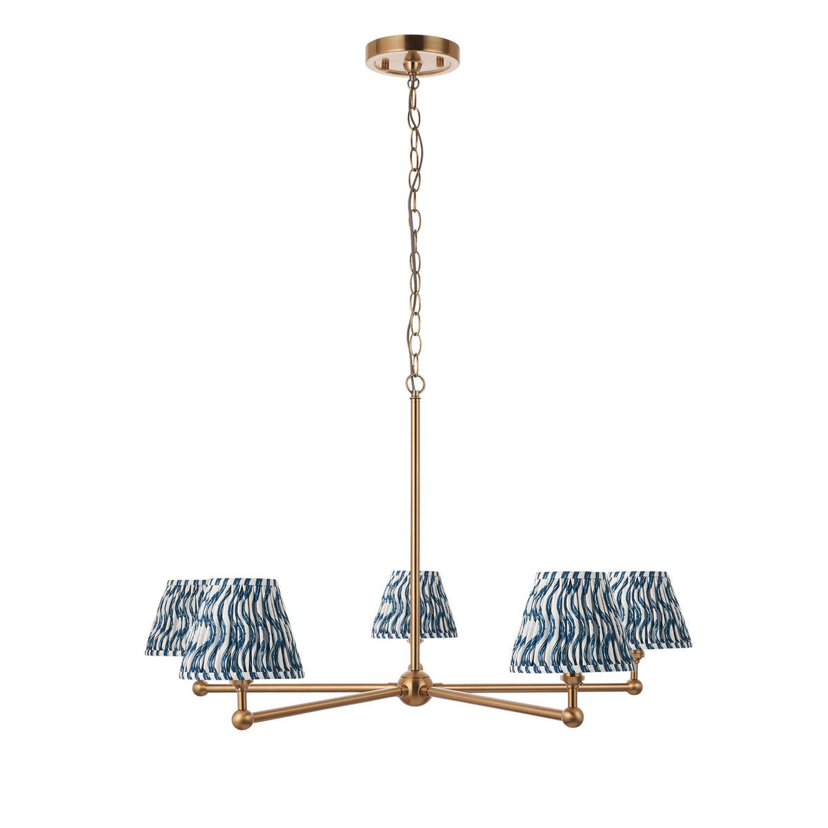 Santiago Five Arm Pendant in Brushed Aged Brass with Ripple 16cm Marlin Blue Shade