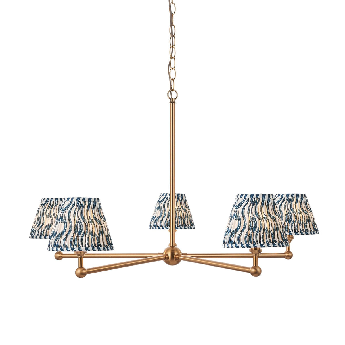 Santiago Five Arm Pendant in Brushed Aged Brass with Ripple 16cm Marlin Blue Shade