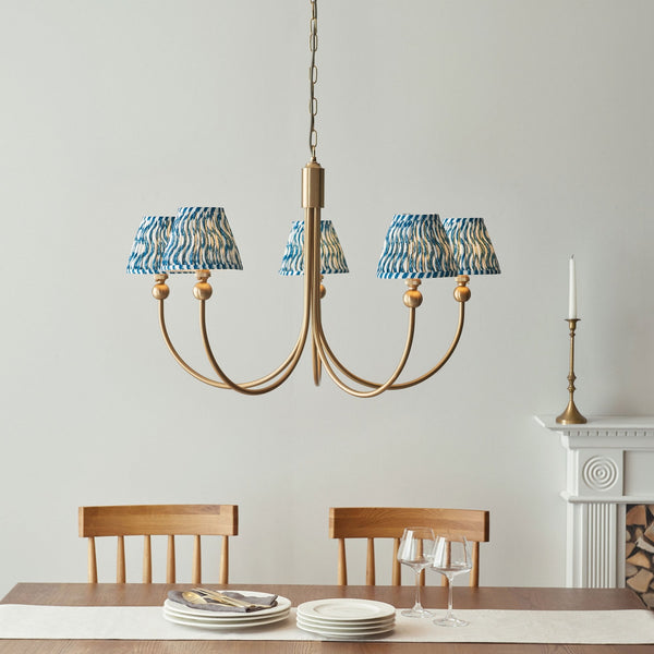 Santiago Curved Five Arm Pendant in Brushed Aged Brass with Ripple 16cm Marlin Blue Shade