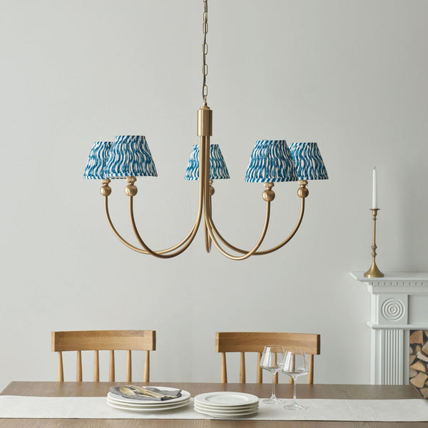 Santiago Curved Five Arm Pendant in Brushed Aged Brass with Ripple 16cm Marlin Blue Shade