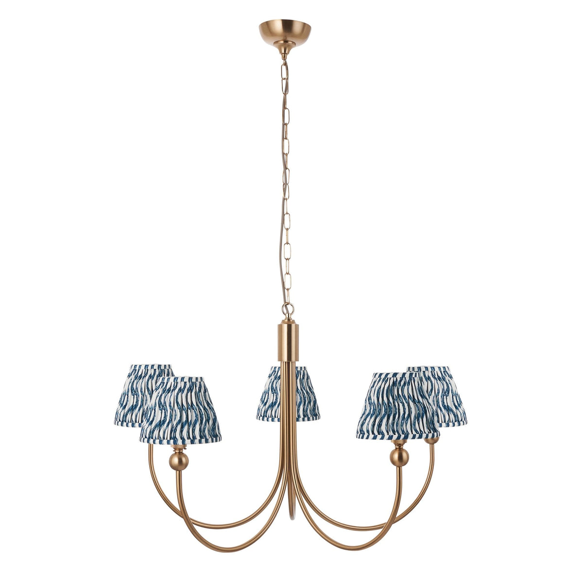 Santiago Curved Five Arm Pendant in Brushed Aged Brass with Ripple 16cm Marlin Blue Shade