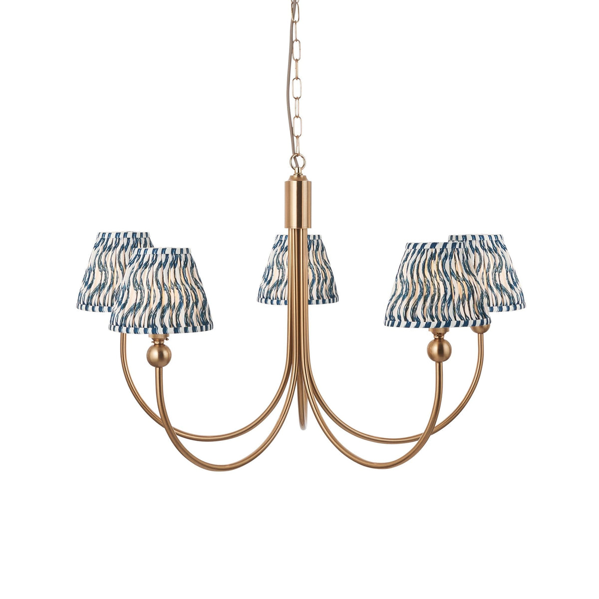 Santiago Curved Five Arm Pendant in Brushed Aged Brass with Ripple 16cm Marlin Blue Shade