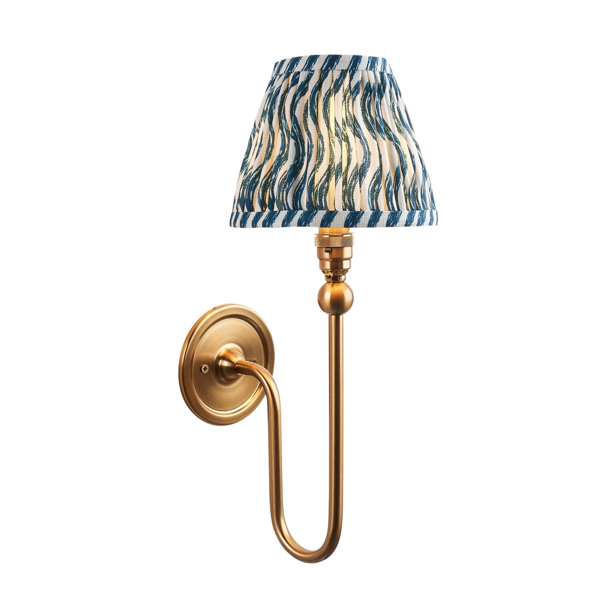 Santiago Curved Wall Light in Brushed Aged Brass with Ripple 16cm Marlin Blue Shade