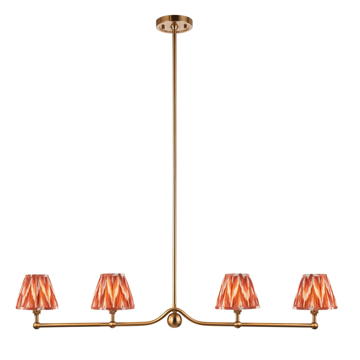 Santiago Four Lamp Linear Pendant in Brushed Aged Brass with Zigzag 16cm Apricot Orange Shade