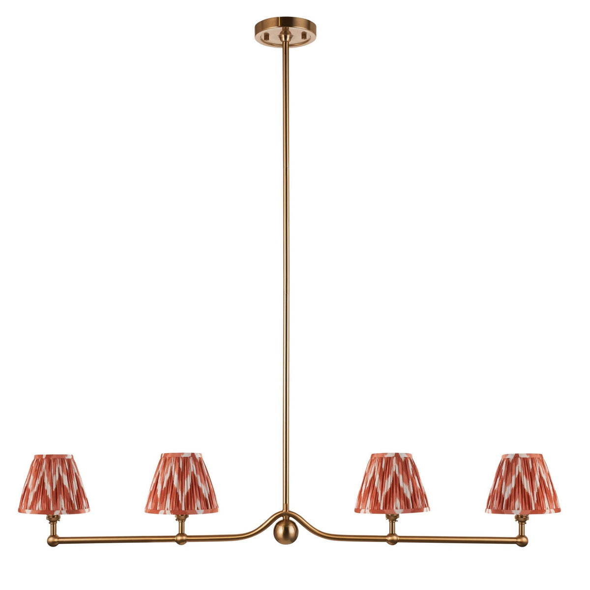 Santiago Four Lamp Linear Pendant in Brushed Aged Brass with Zigzag 16cm Apricot Orange Shade