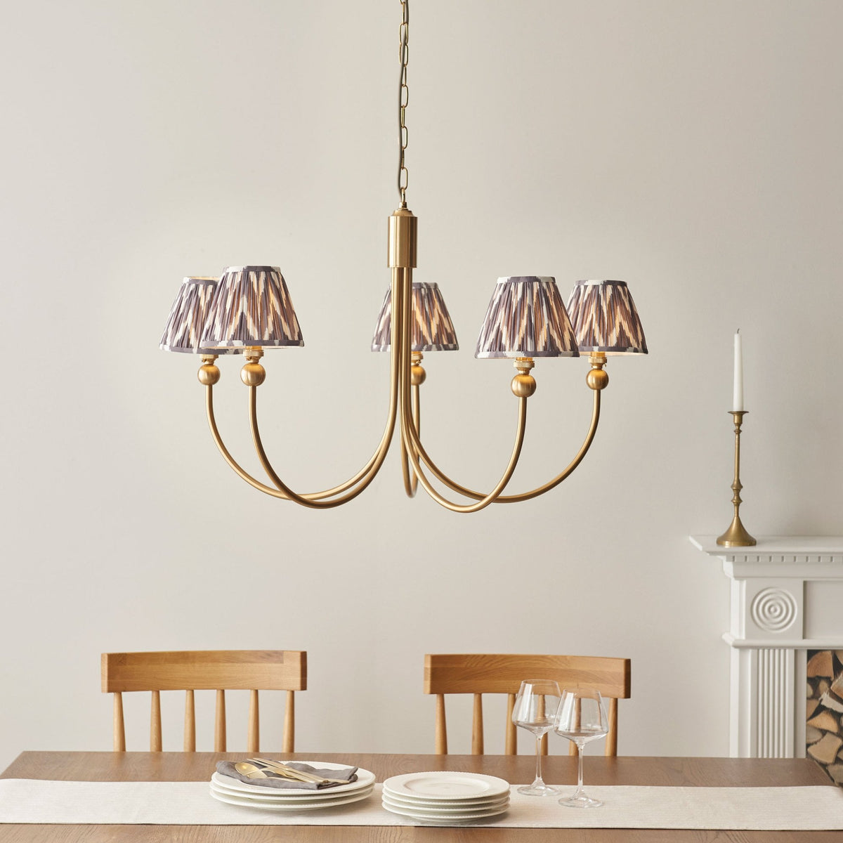 Santiago Curved Five Arm Pendant in Brushed Aged Brass with Zigzag 16cm Pearl Grey Shade