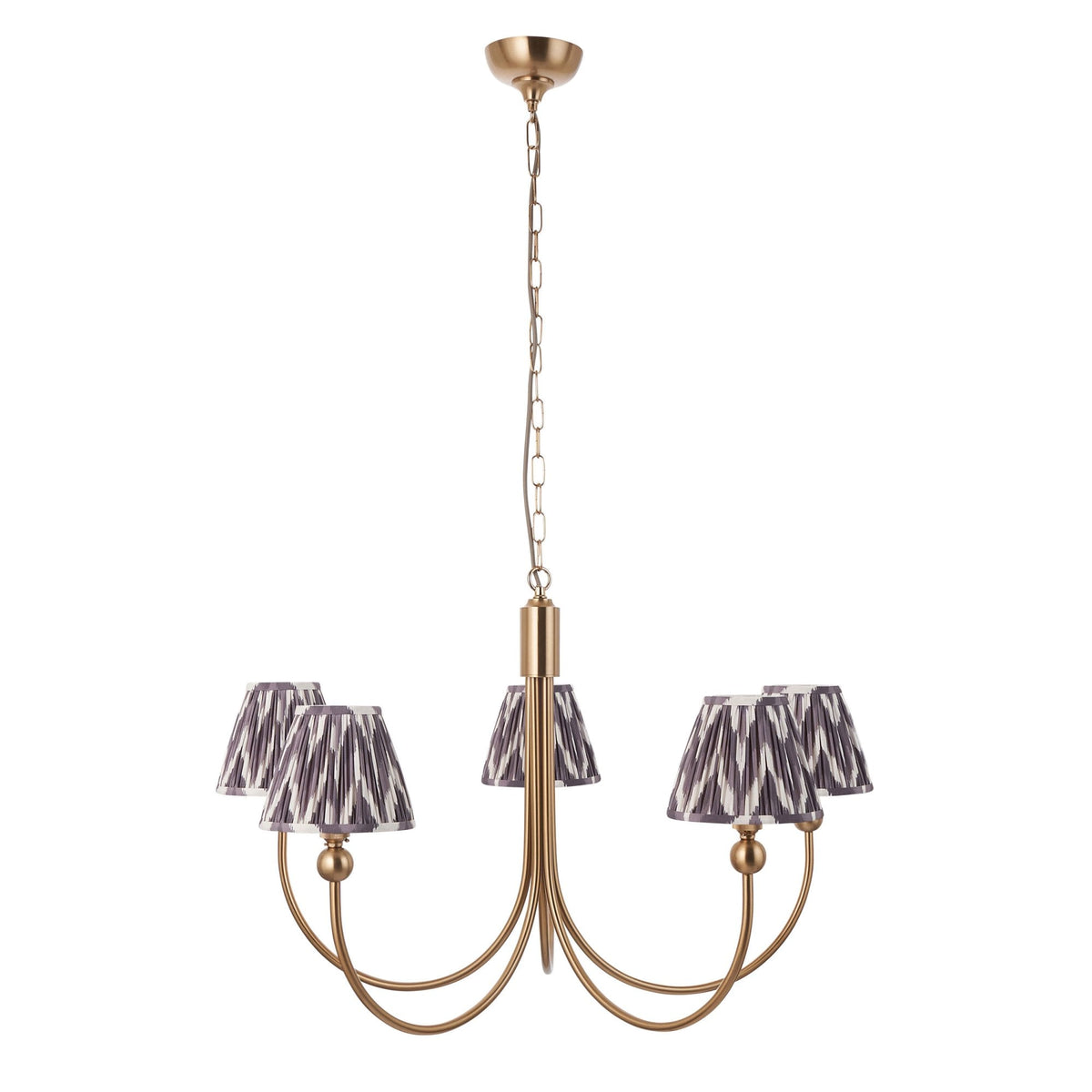 Santiago Curved Five Arm Pendant in Brushed Aged Brass with Zigzag 16cm Pearl Grey Shade