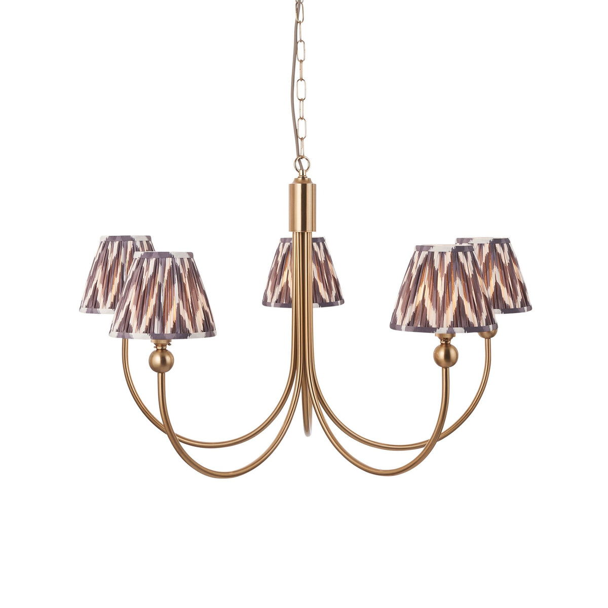 Santiago Curved Five Arm Pendant in Brushed Aged Brass with Zigzag 16cm Pearl Grey Shade