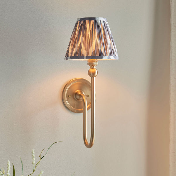 Santiago Curved Wall Light in Brushed Aged Brass with Zigzag 16cm Pearl Grey Shade