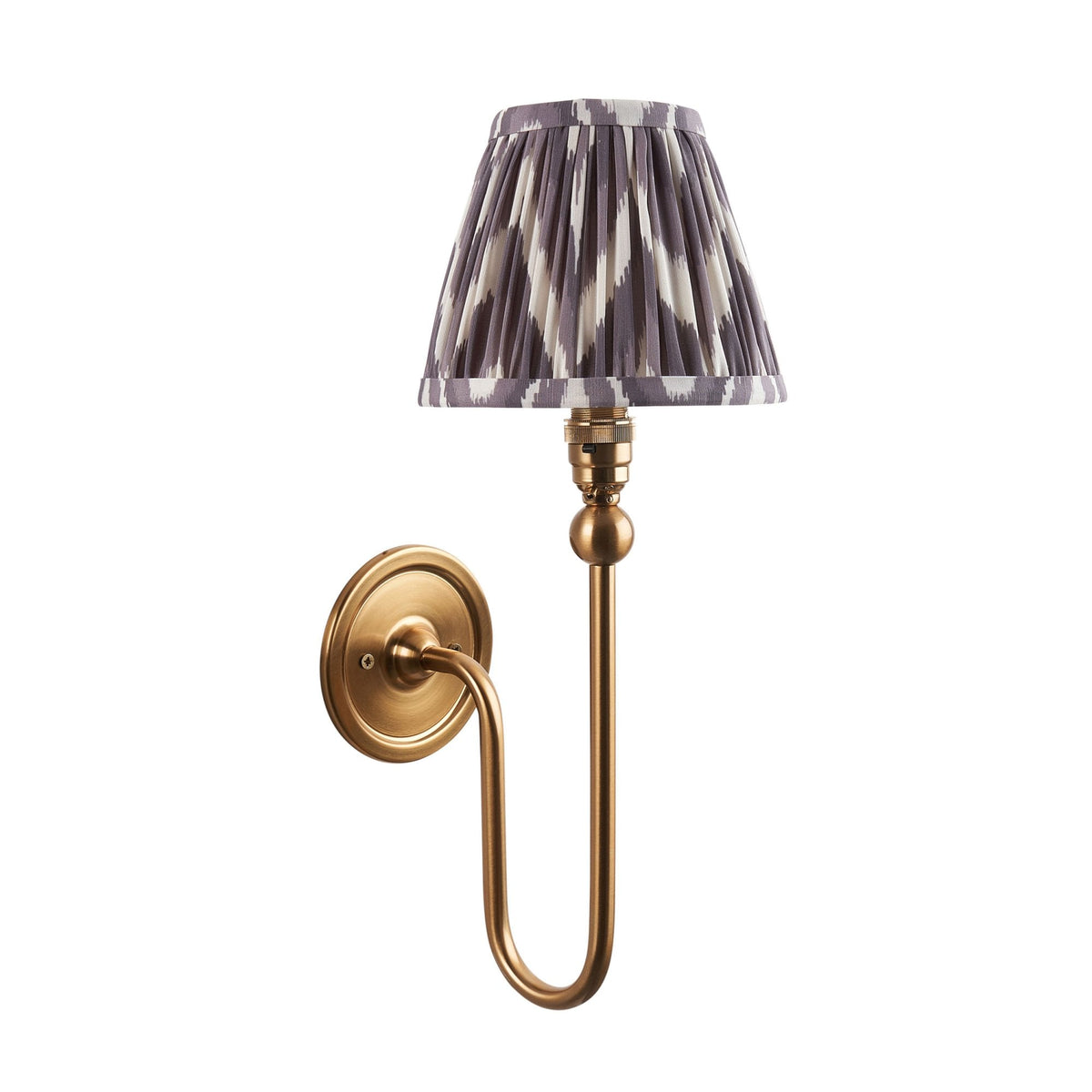 Santiago Curved Wall Light in Brushed Aged Brass with Zigzag 16cm Pearl Grey Shade