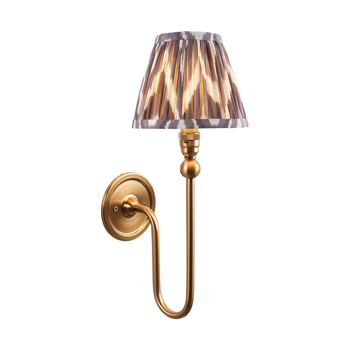 Santiago Curved Wall Light in Brushed Aged Brass with Zigzag 16cm Pearl Grey Shade
