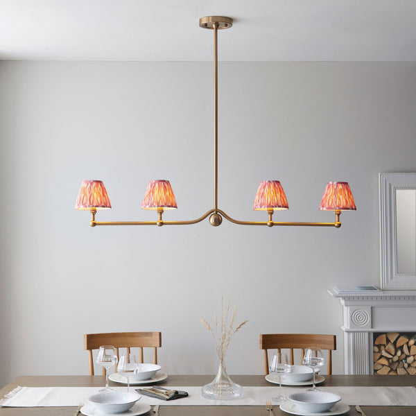 Santiago Four Lamp Linear Pendant in Brushed Aged Brass with Ikat 16cm Coral Pink Shade