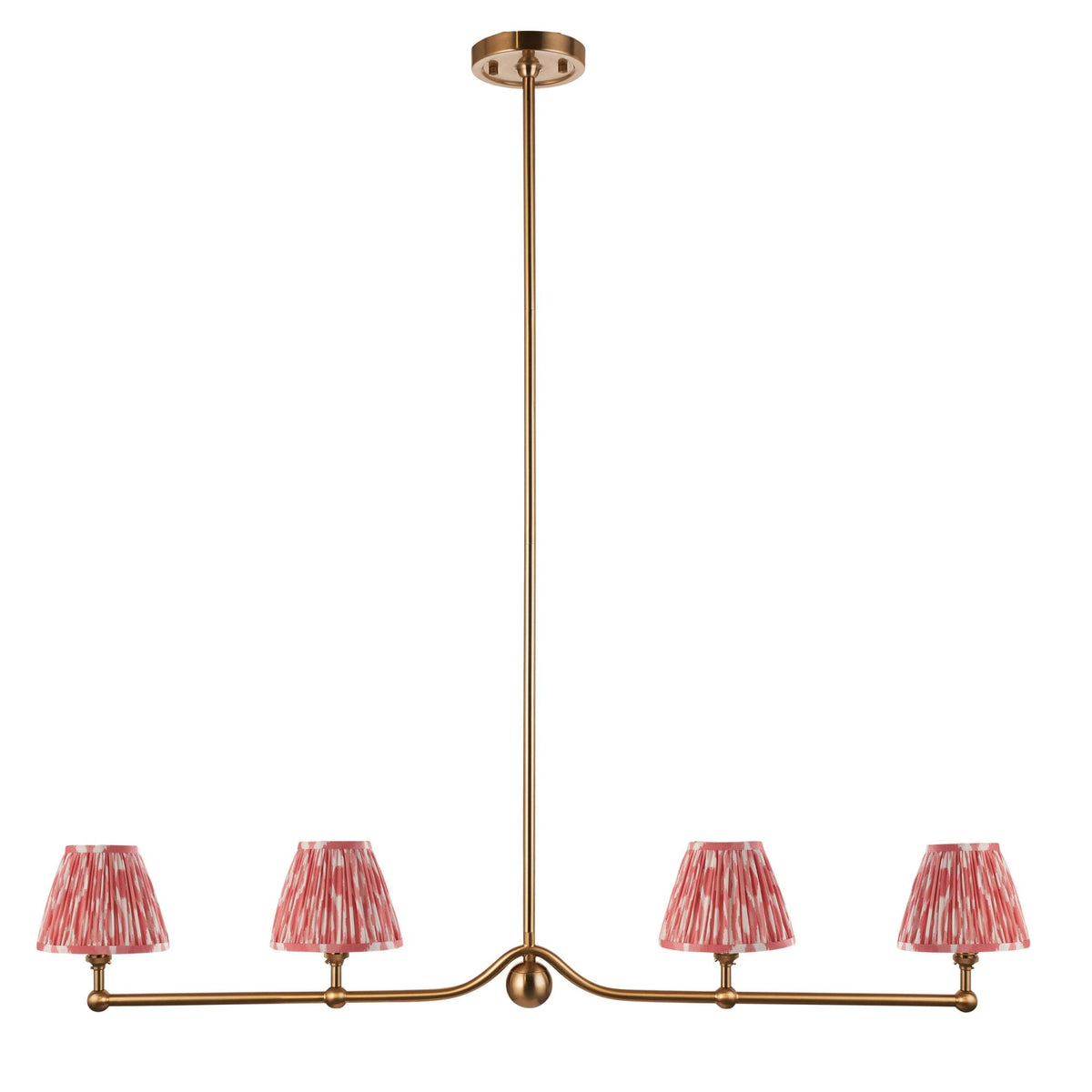A four-light pendant featuring pink patterned pleated shades on a white background.