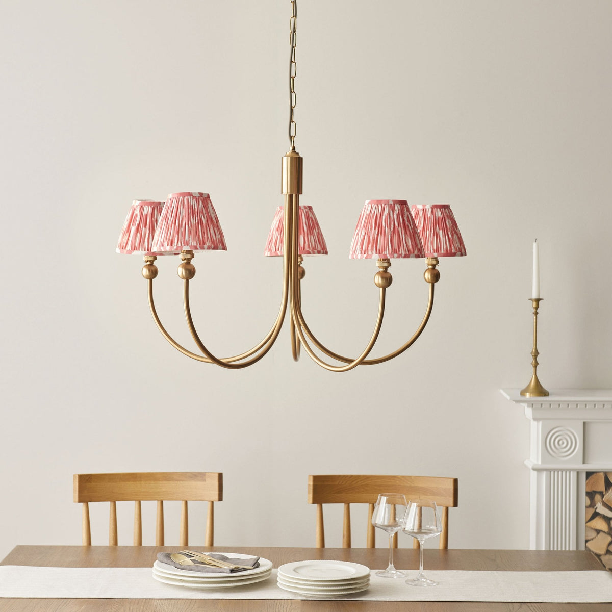 Santiago Curved Five Arm Pendant in Brushed Aged Brass with Ikat 16cm Coral Pink Shade