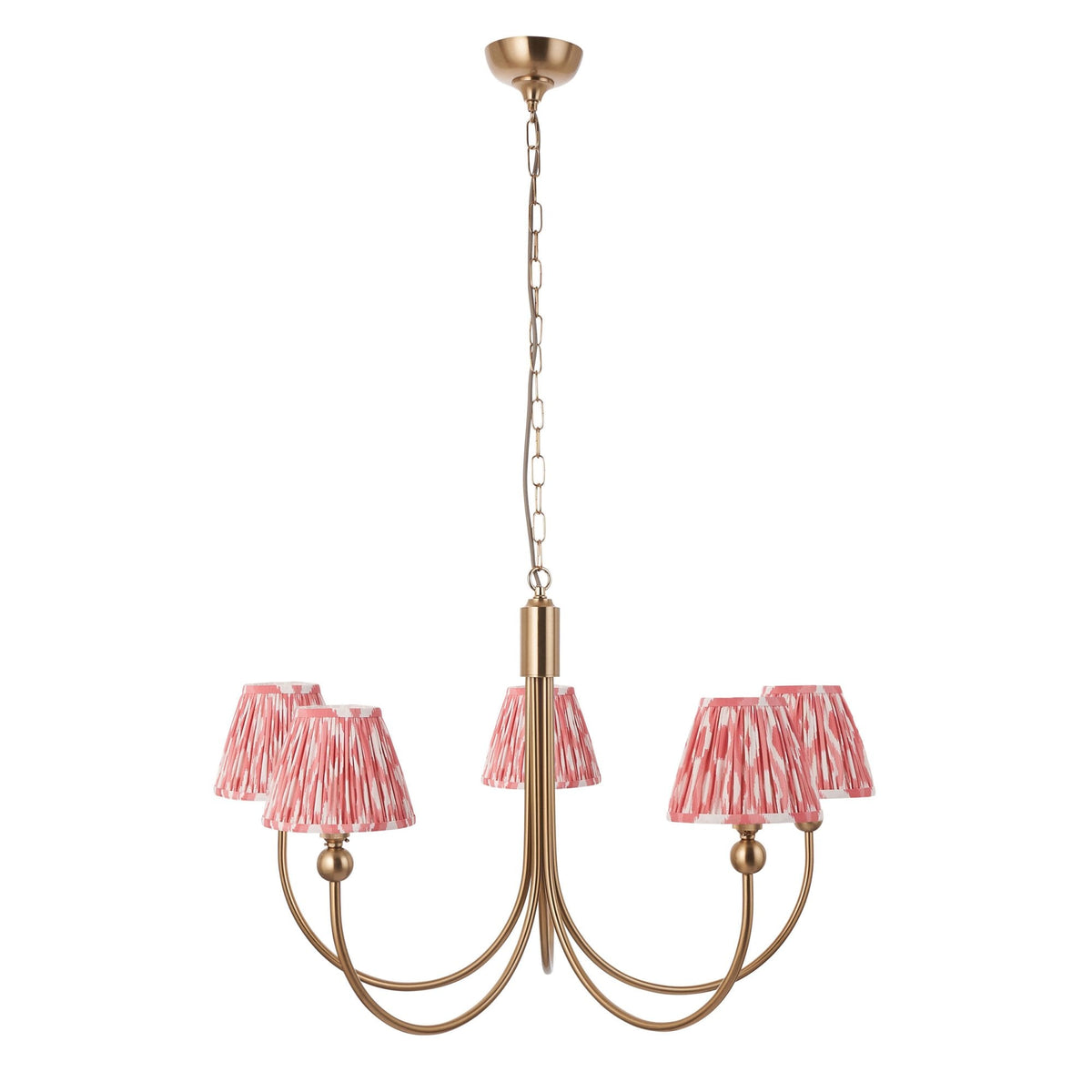 Santiago Curved Five Arm Pendant in Brushed Aged Brass with Ikat 16cm Coral Pink Shade
