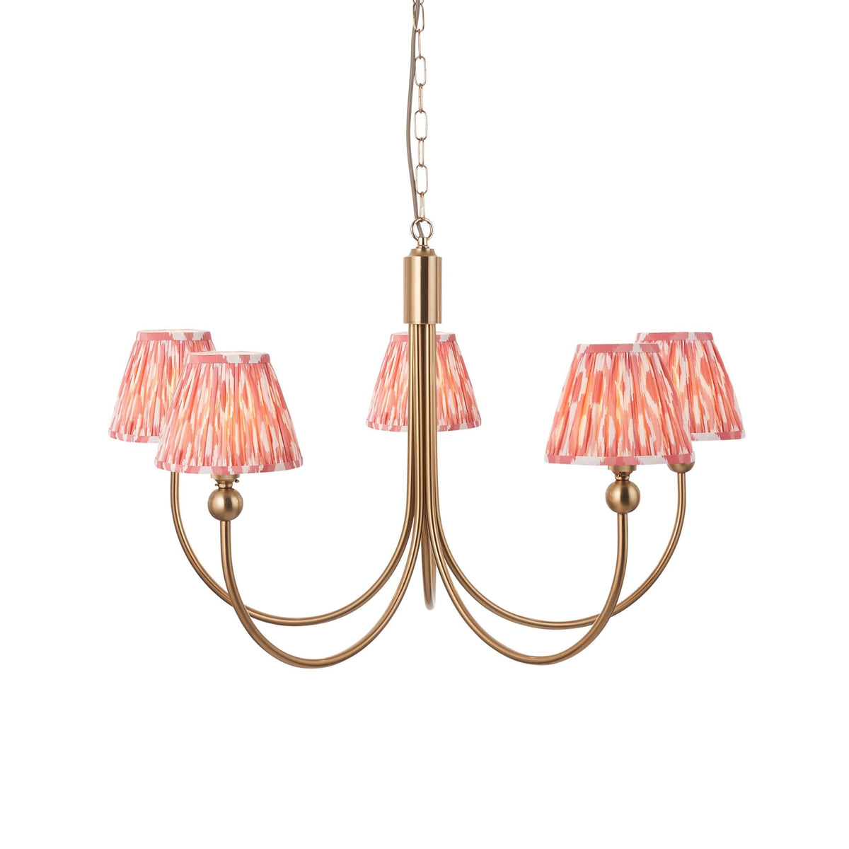 Santiago Curved Five Arm Pendant in Brushed Aged Brass with Ikat 16cm Coral Pink Shade