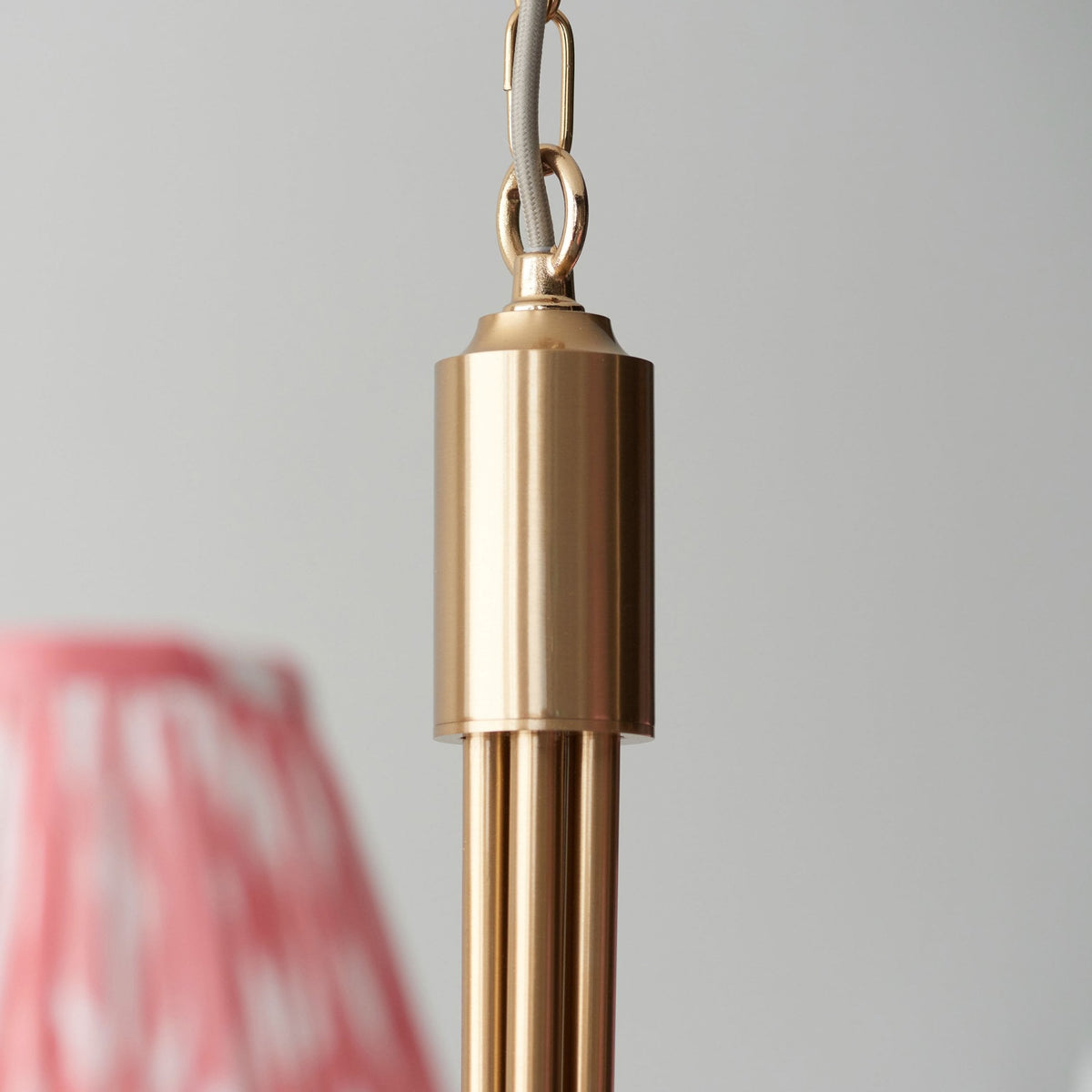 Santiago Curved Five Arm Pendant in Brushed Aged Brass with Ikat 16cm Coral Pink Shade
