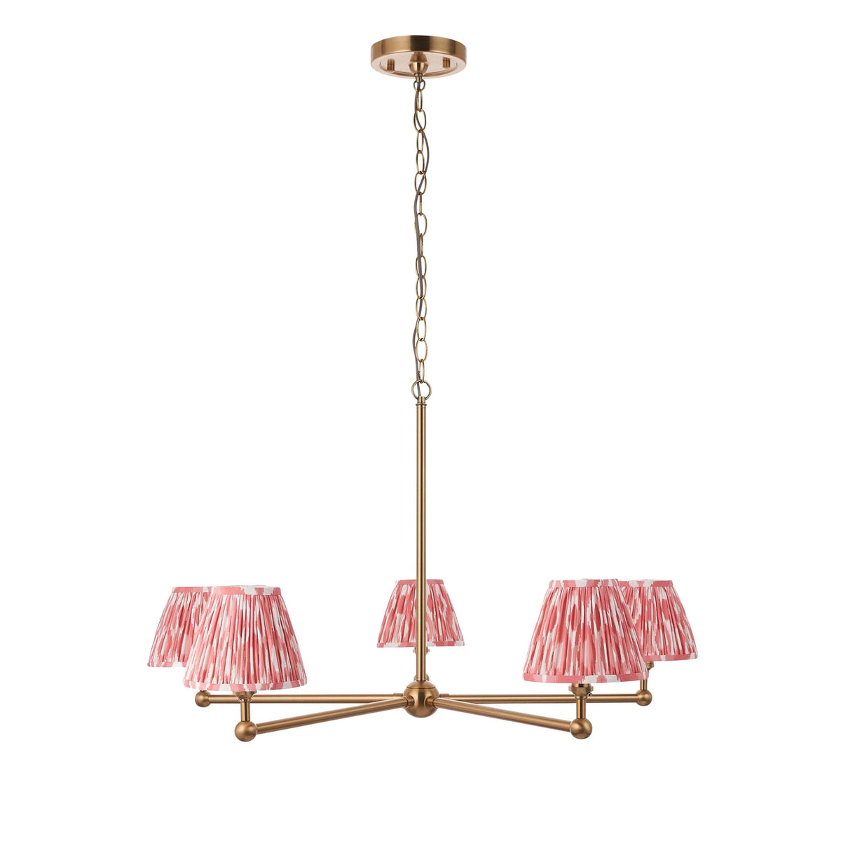 Santiago Five Arm Pendant in Brushed Aged Brass with Ikat 16cm Coral Pink Shade