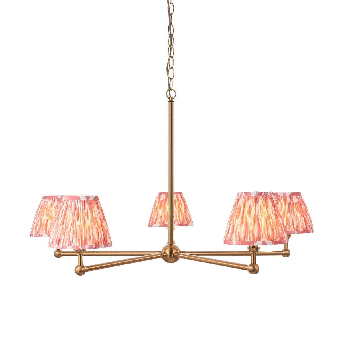 Santiago Five Arm Pendant in Brushed Aged Brass with Ikat 16cm Coral Pink Shade
