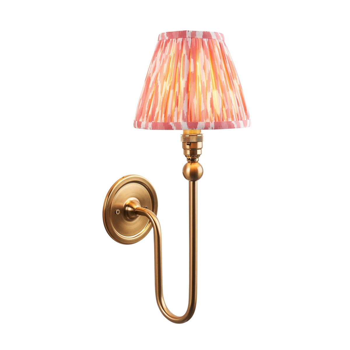 Santiago Curved Wall Light in Brushed Aged Brass with Ikat 16cm Coral Pink Shade