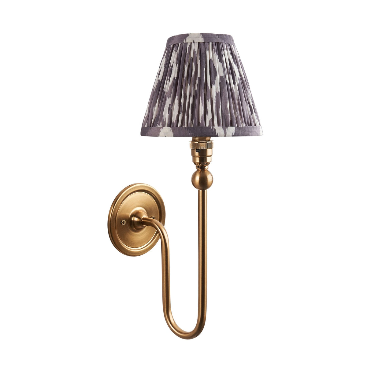 Santiago Curved Wall Light in Brushed Aged Brass with Ikat 16cm Pearl Grey Shade