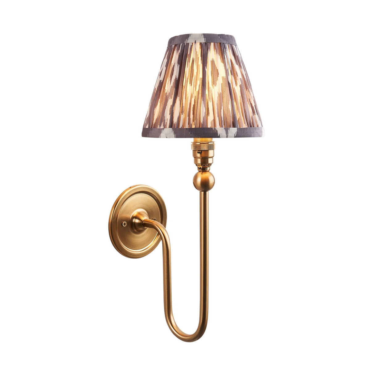 Santiago Curved Wall Light in Brushed Aged Brass with Ikat 16cm Pearl Grey Shade