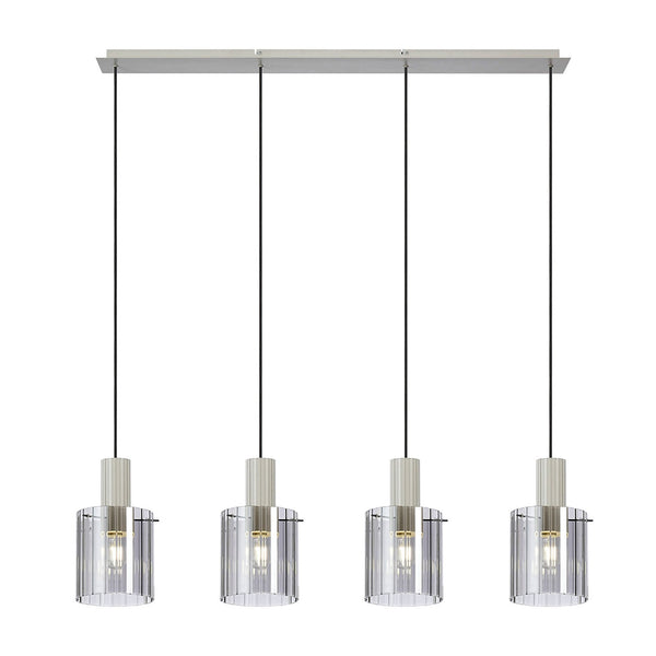 Belstone Wide Ribbed Four Drop Linear Pendant in Beige Stone with Smoke Glass