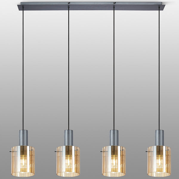 Belstone Wide Ribbed Four Drop Linear Pendant in Dark Grey with Amber Glass