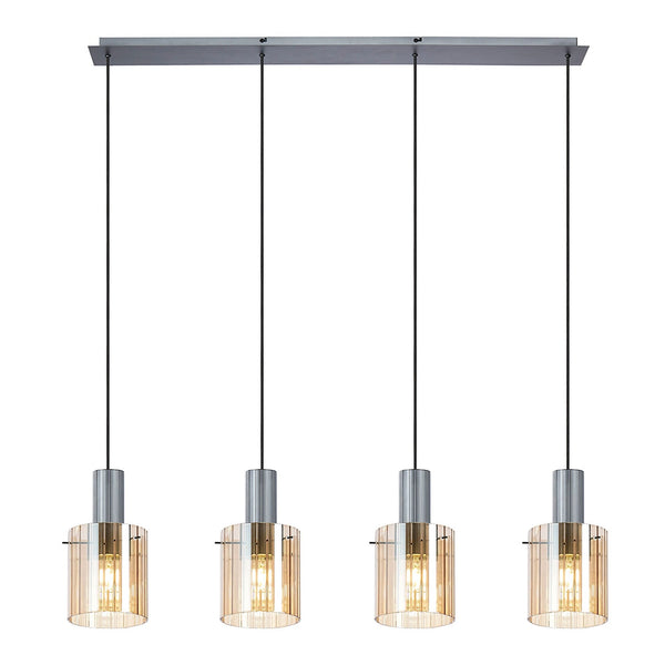 Belstone Wide Ribbed Four Drop Linear Pendant in Dark Grey with Amber Glass