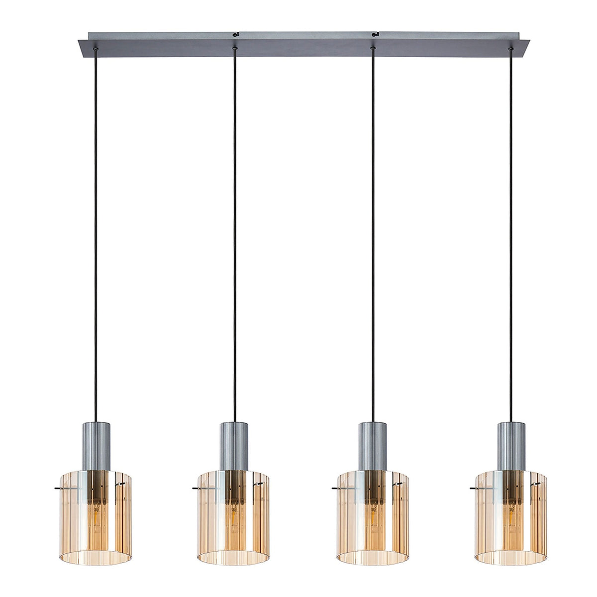 Belstone Wide Ribbed Four Drop Linear Pendant in Dark Grey with Amber Glass