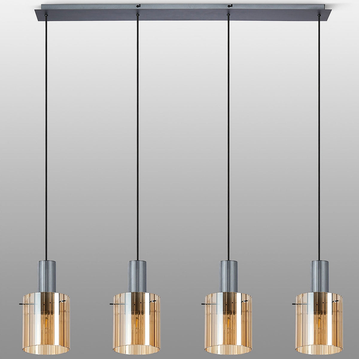 Belstone Wide Ribbed Four Drop Linear Pendant in Dark Grey with Amber Glass