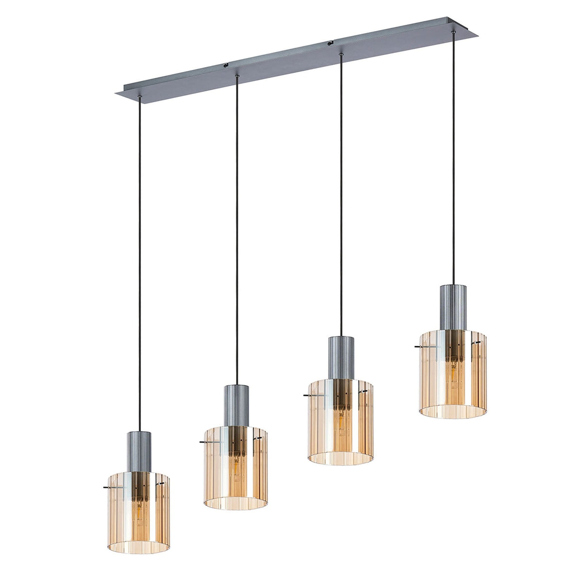 Belstone Wide Ribbed Four Drop Linear Pendant in Dark Grey with Amber Glass