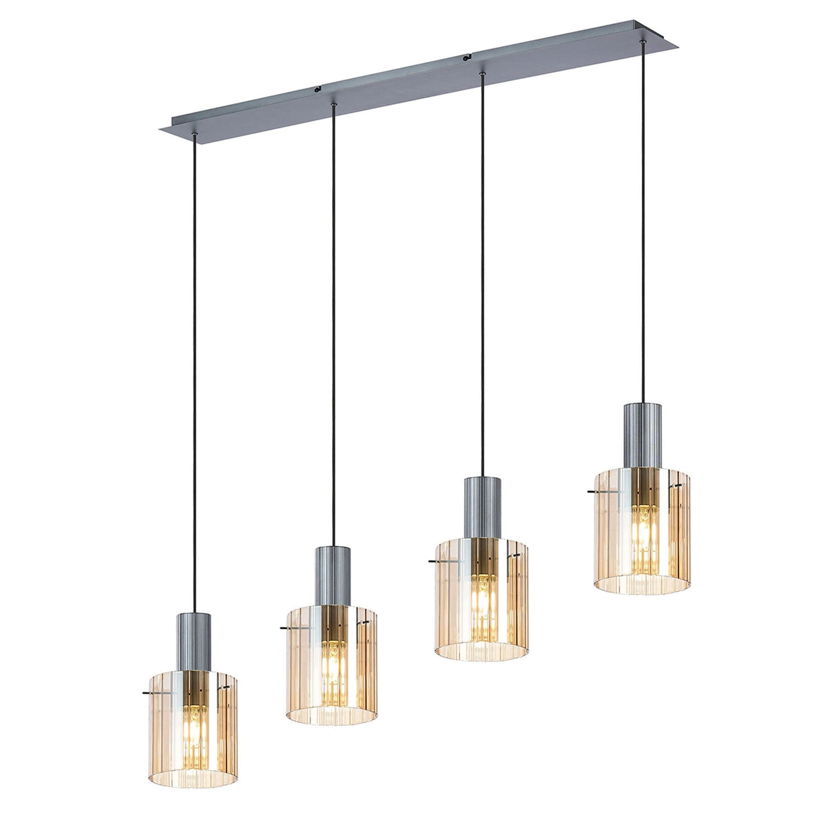 Belstone Wide Ribbed Four Drop Linear Pendant in Dark Grey with Amber Glass