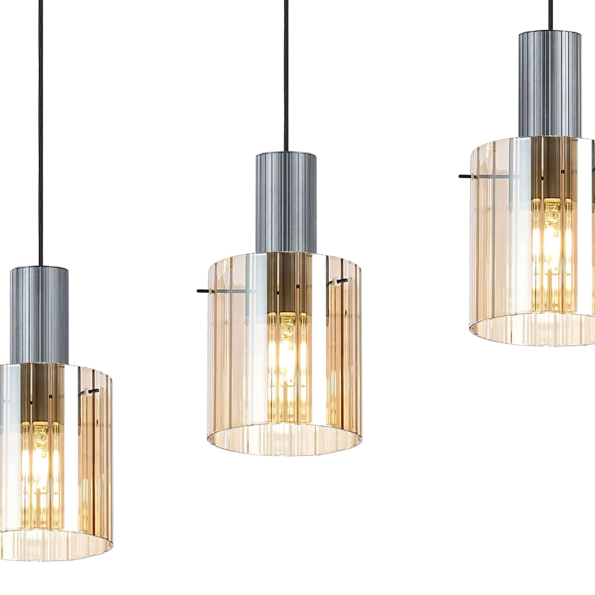 Belstone Wide Ribbed Four Drop Linear Pendant in Dark Grey with Amber Glass